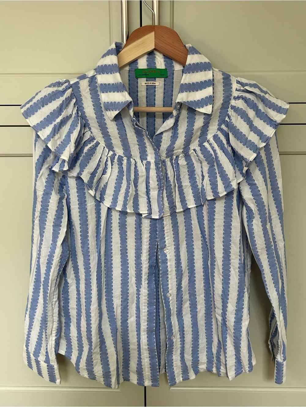 Blue & White Striped Ruffle-Trim Button-Up Shirt